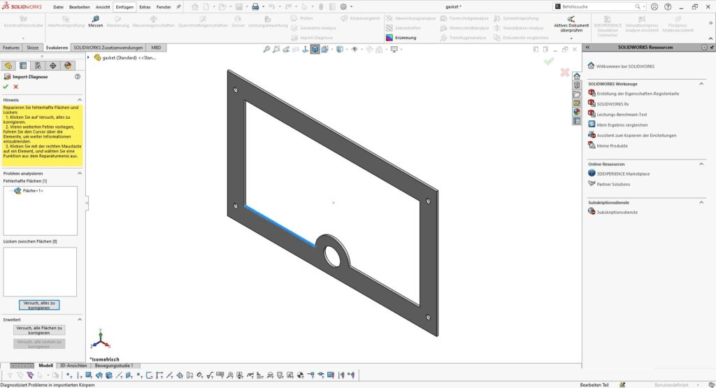 SOLIDWORKS Import Diagnose Fehler Fehleranzeige im SOLIDWORKS Import-Diagnosefenster