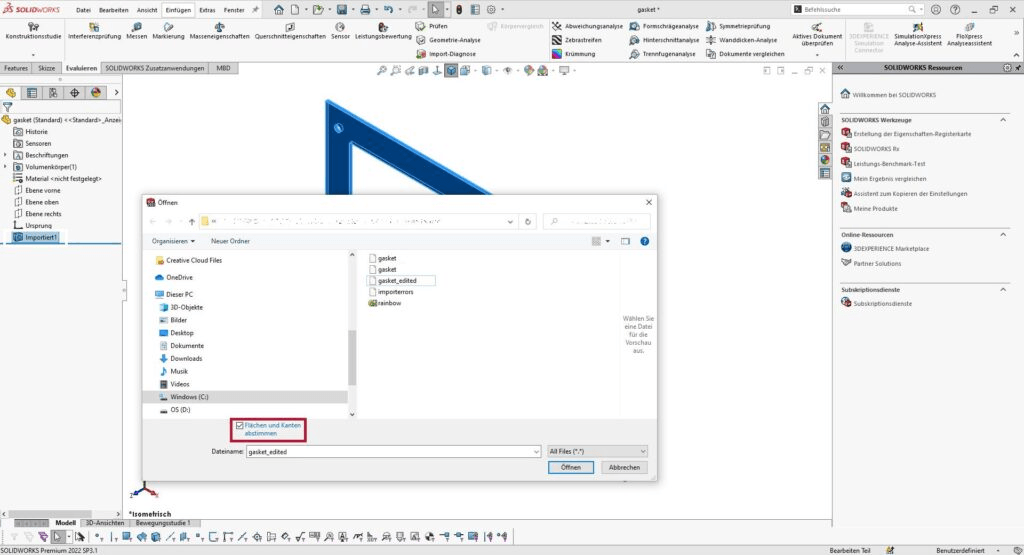 SOLIDWORKS Import Flächen und Kanten abstimmen Flächen- und Kantenabstimmung beim Import in SOLIDWORKS