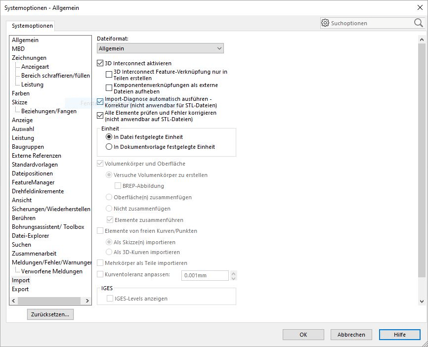 SOLIDWORKS Import Optionen 3DInterconnect Importoptionen mit 3DInterconnect in SOLIDWORKS