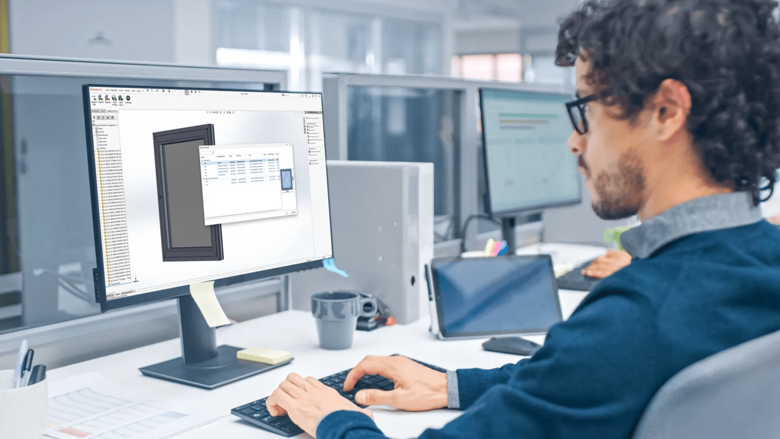 Mann am PC – SOLIDWORKS kopieren Ein Mann arbeitet am PC mit SOLIDWORKS und verwendet eine Kopierfunktion