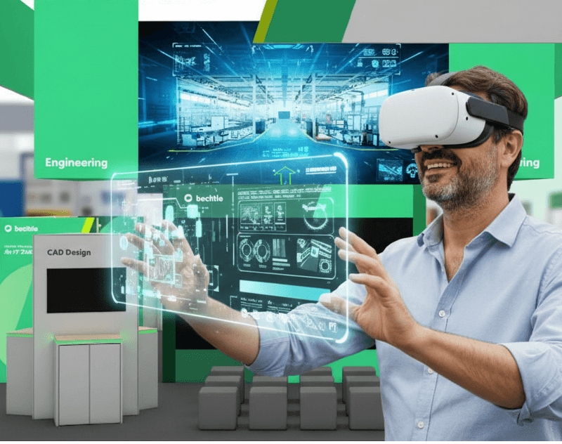 XR Apple Vision Pro Bechtle PLM Hannover Messe Mann entdeckt die Welt von Bechtle durch eine virtuelle XR-Demonstration