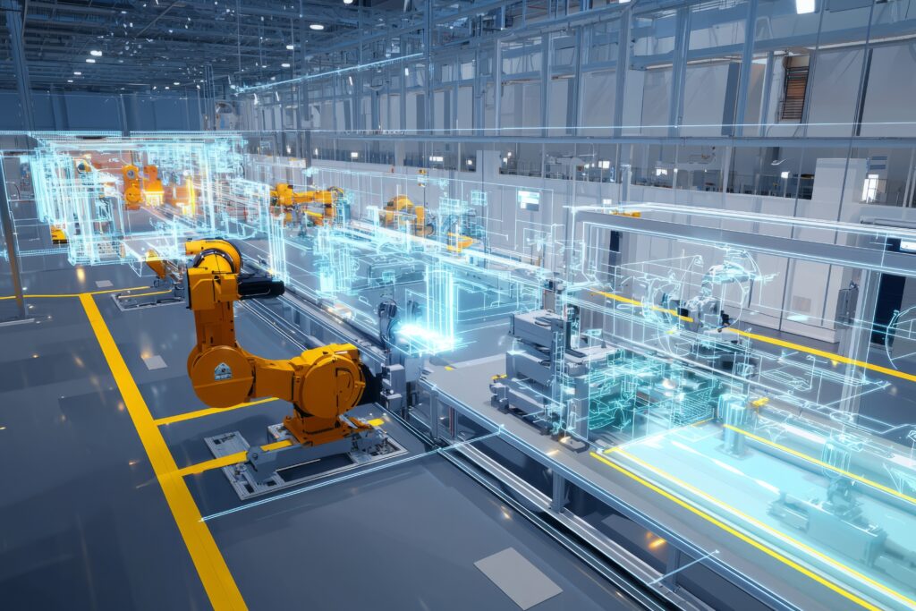 A digital twin of an automotive assembly line with virtual representations of robots and production stages. The display, Generative AI