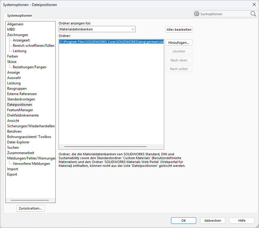 SOLIDWORKS2026-Systemoptionen-Dateipositionen-Materialdatenbank SOLIDWORKS 2026 Systemoptionen Dateipositionen