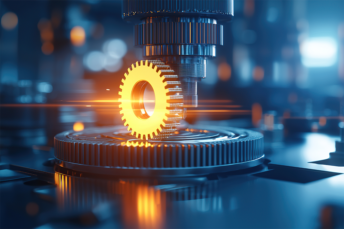 cnc-fertigung-optimieren Leuchtendes Zahnrad wird von hochmodernen Maschinen in einer Hightech-Industrieumgebung verarbeitet