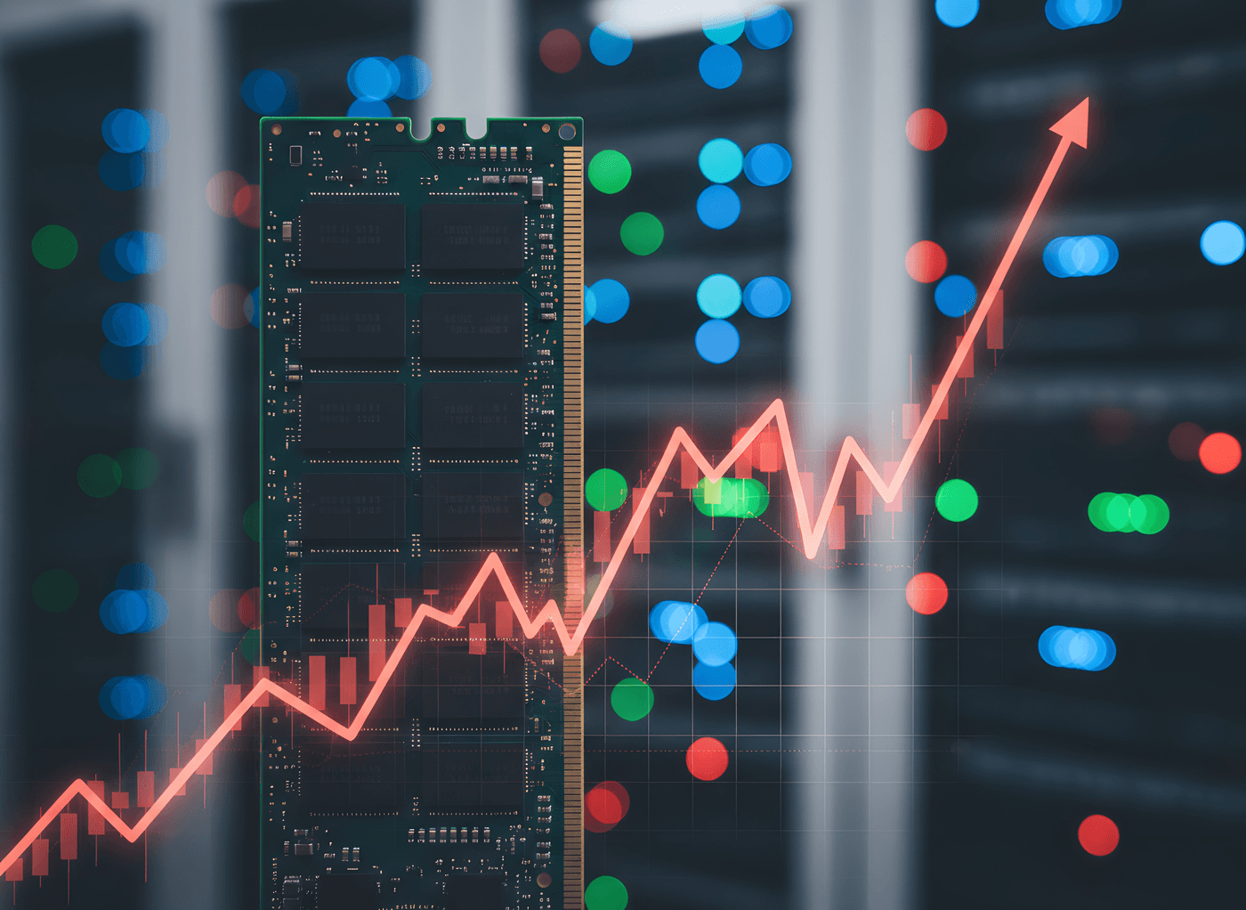 bplm-blog-ram-speicherkrise1 RAM DDR5-Computerchips mit leuchtend rotem AI DEMAND-Diagramm, das die Preissteigerung zeigt