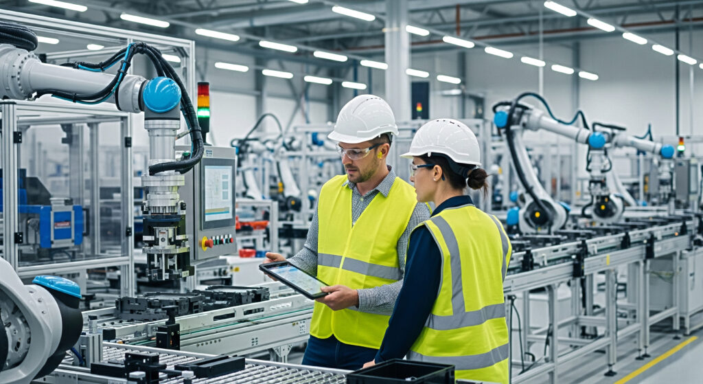 Engineers collaborating on tablet inspect advanced robotics assembly line for modern manufacturing efficiency