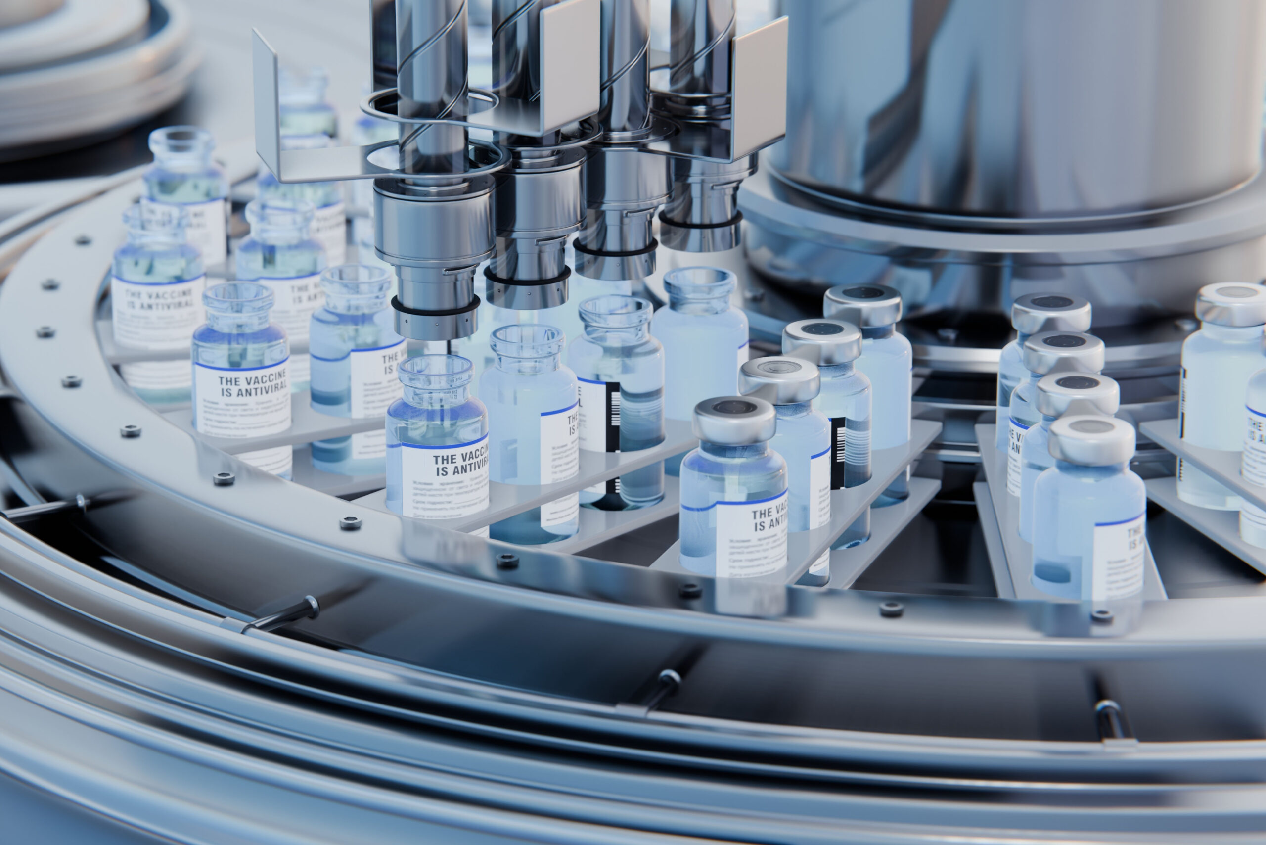 Drug manufacturing process. Line with medical ampoules line at a modern pharmaceutical plant. Pharmacology production, medicine industry from laboratory factory, pharmacy.