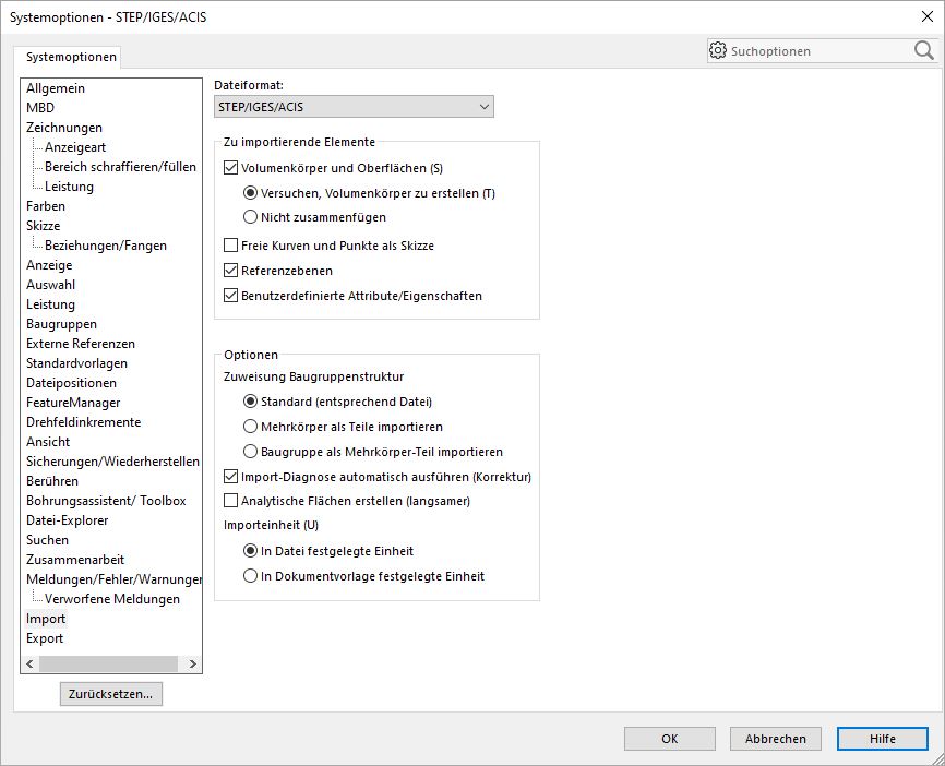 Import Optionen Standard STEP