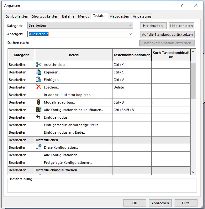 SOLIDWORKS Tastatur anpassen