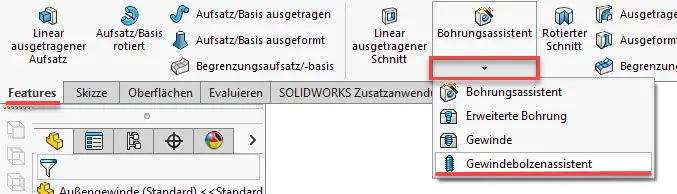 SOLIDWORKS CommandManger Gewindebolzenassistent.