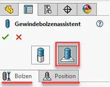 SOLIDWORKS Icon Feature Gewindebolzenassistent Erstellung auf Oberfläche.