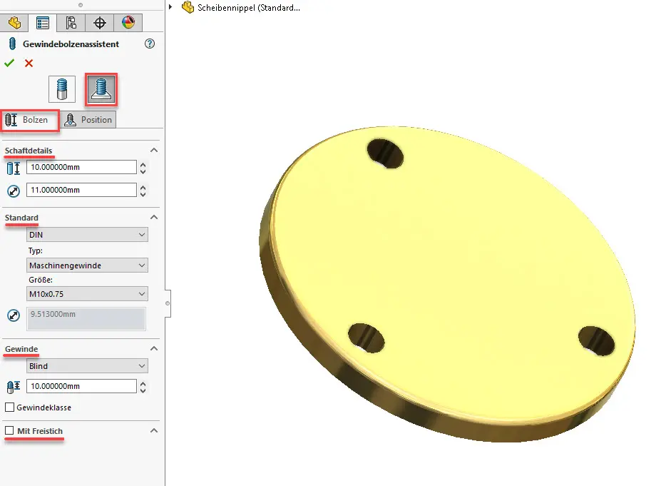 SOLIDWORKS PropertyManager Gewindebolzenassistent Bolzen auf Oberfläche.