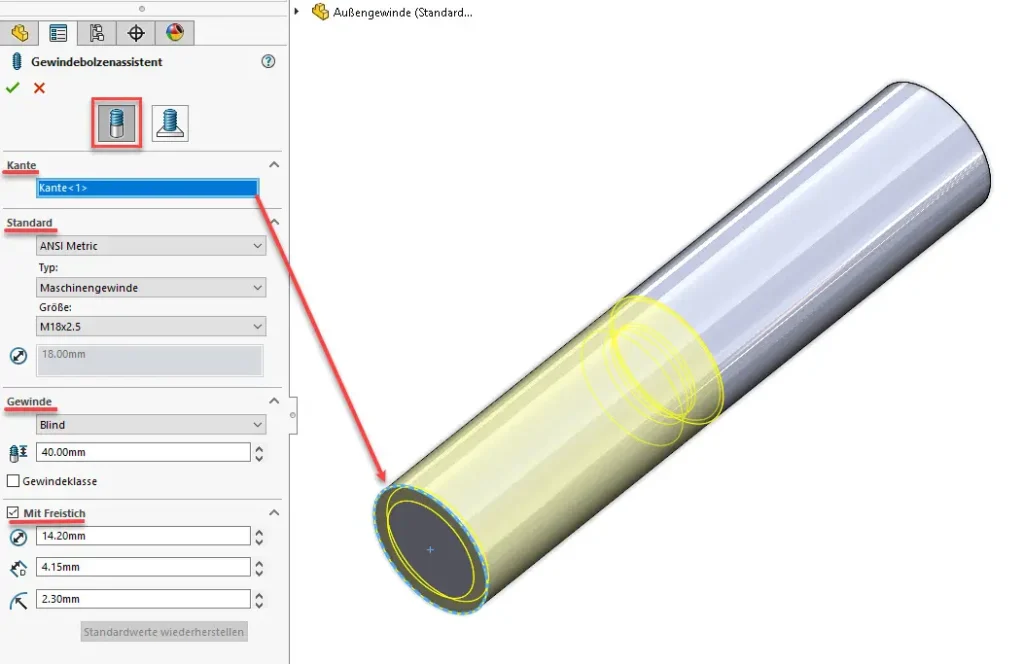 SOLIDWORKS Gewindebolzenassistent Außengewinde an Zylinder.