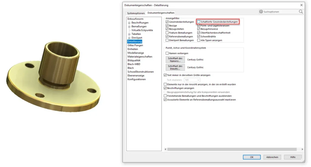 Deaktivierung der schattierten Gewindedarstellung in Solidworks.