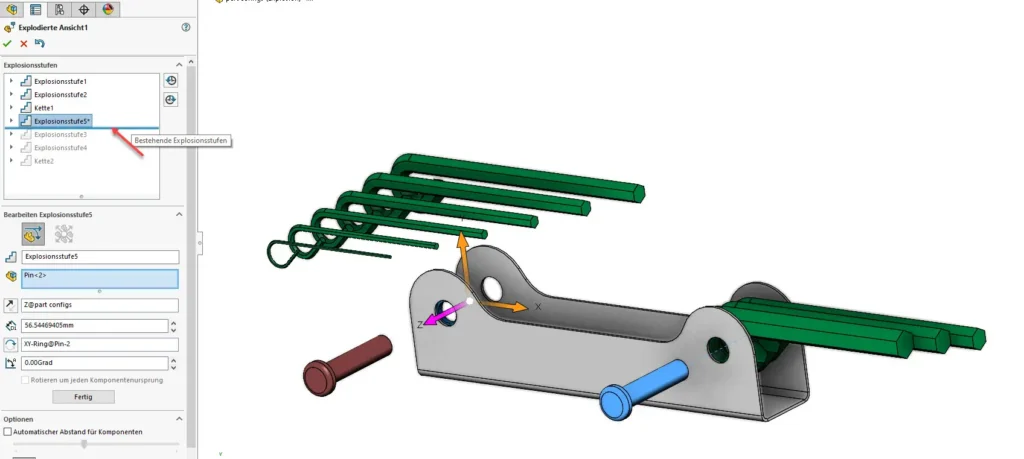 Einfügeliste Explosionsstufen SOLIDWORKS.