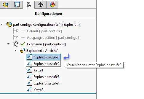 SOLIDWORKS Explosionsansicht neu anordnen der Stufen.