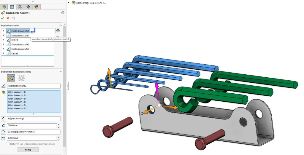 Verschieben der Explosionsstufen in SOLIDWORKS.