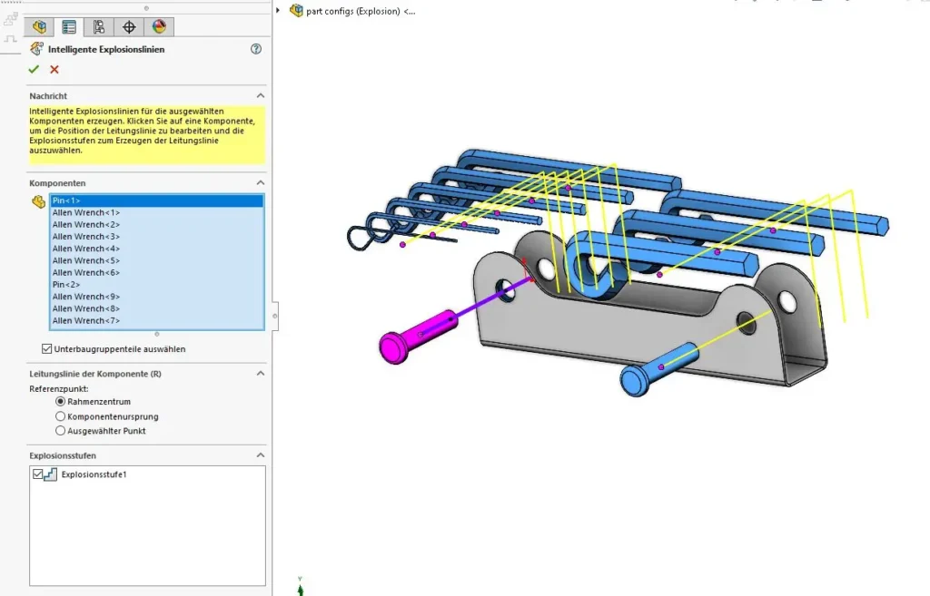 Ansicht einzelner Komponenten in Solidworks Explosionsansicht.