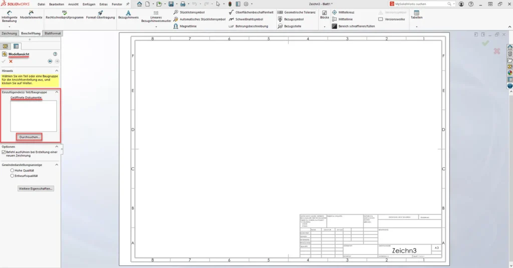 SOLIDWORKS neue Zeichnung Modellansicht