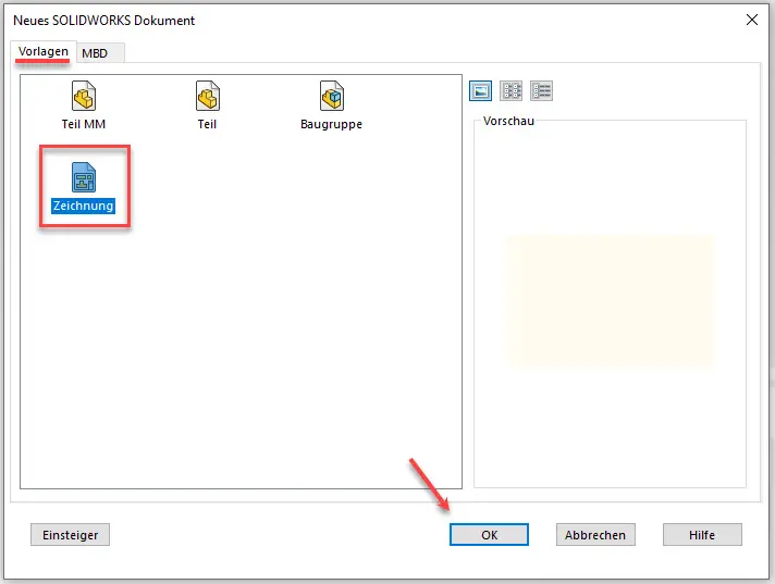 Neues SOLIDWORKS Dokument Teil Baugruppe Zeichnung