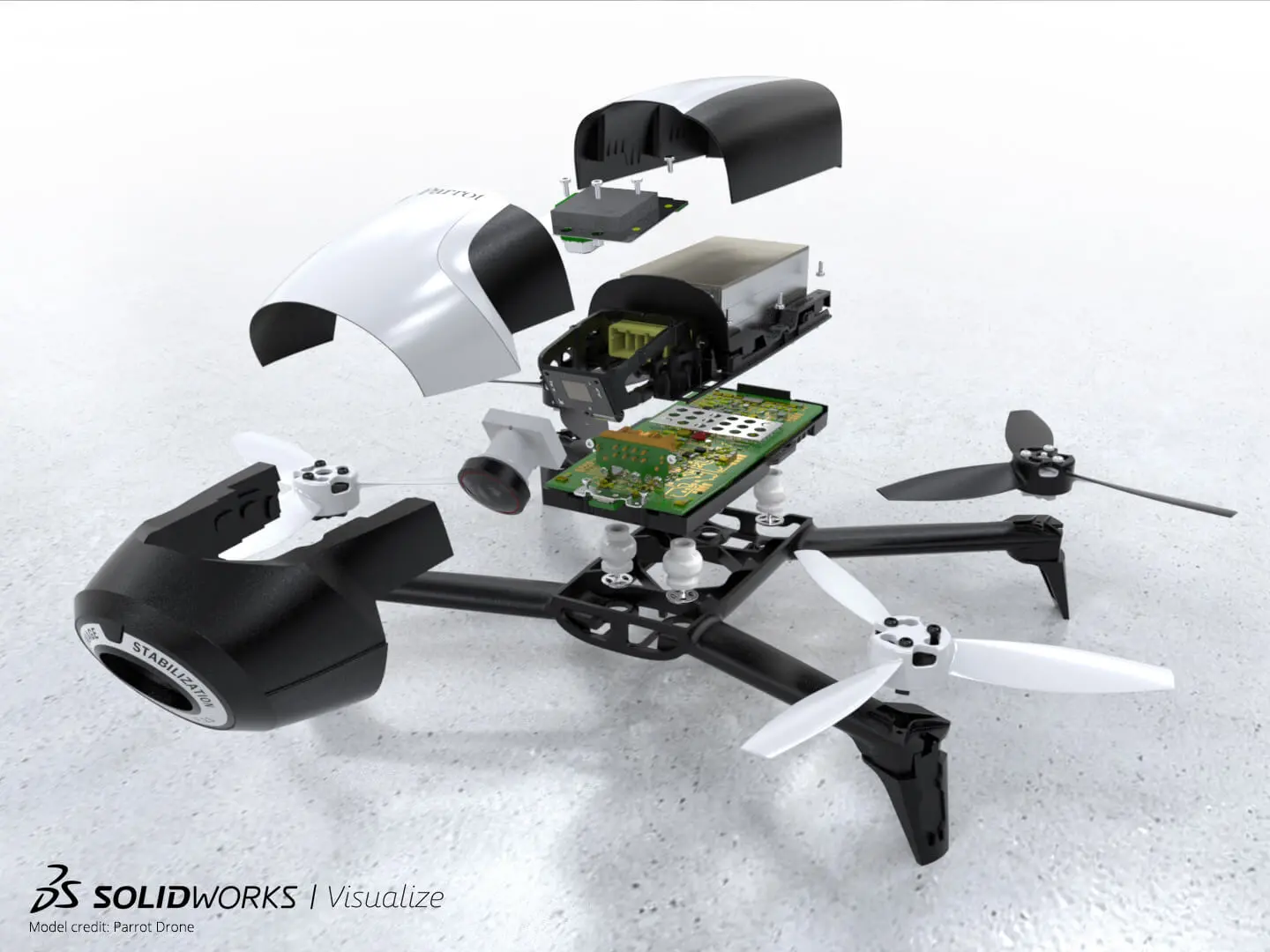 Zerlegte Drohne mit SOLIDWORKS Visualize gerendert.