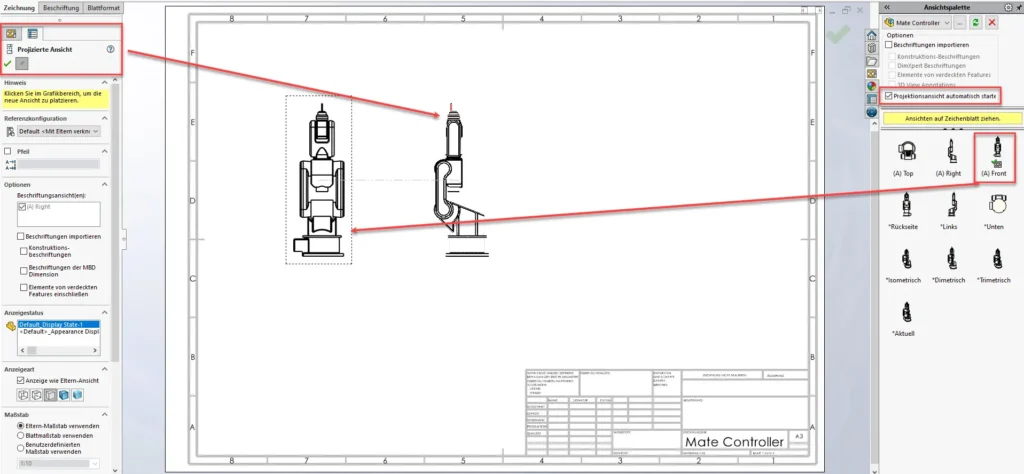 SOLIDWORKS Zeichnung mit projizierter Ansicht und Ansichtspalette