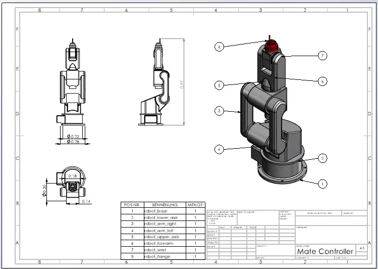 SOLIDWORKS Zeichnung mit vier Ansichten, Bemaßung, Stückliste und Stücklistensymbolen