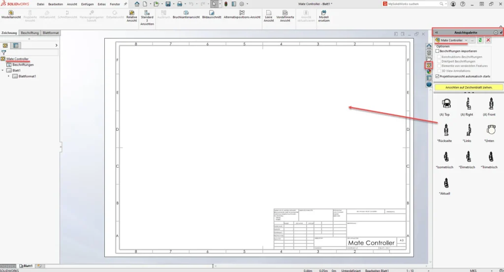 SOLIDWORKS Zeichnung mit Ansichtspalette