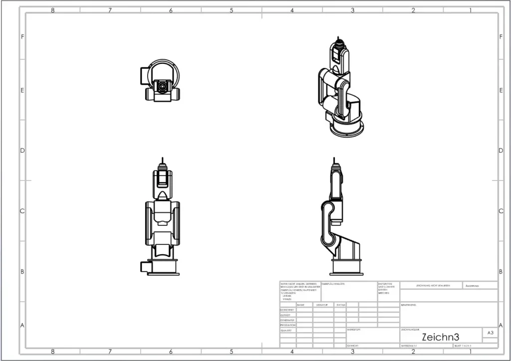 SOLIDWORKS Zeichnung mit vier Standard-Ansichten